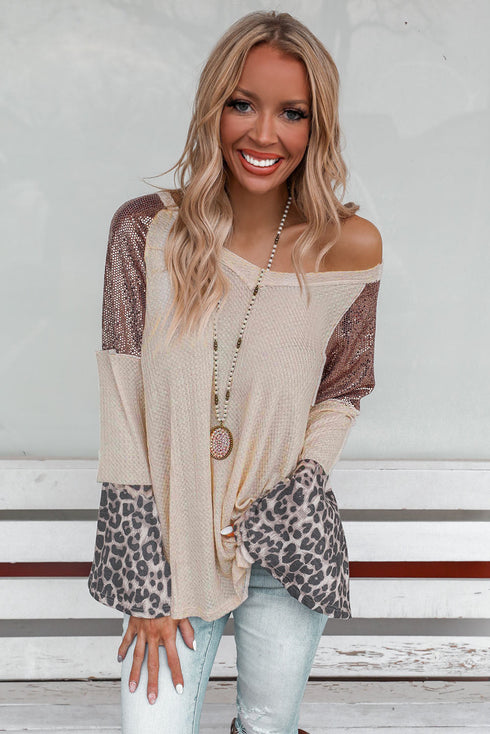 Sequin Patchwork Bell Sleeve V Neck Tunic Top